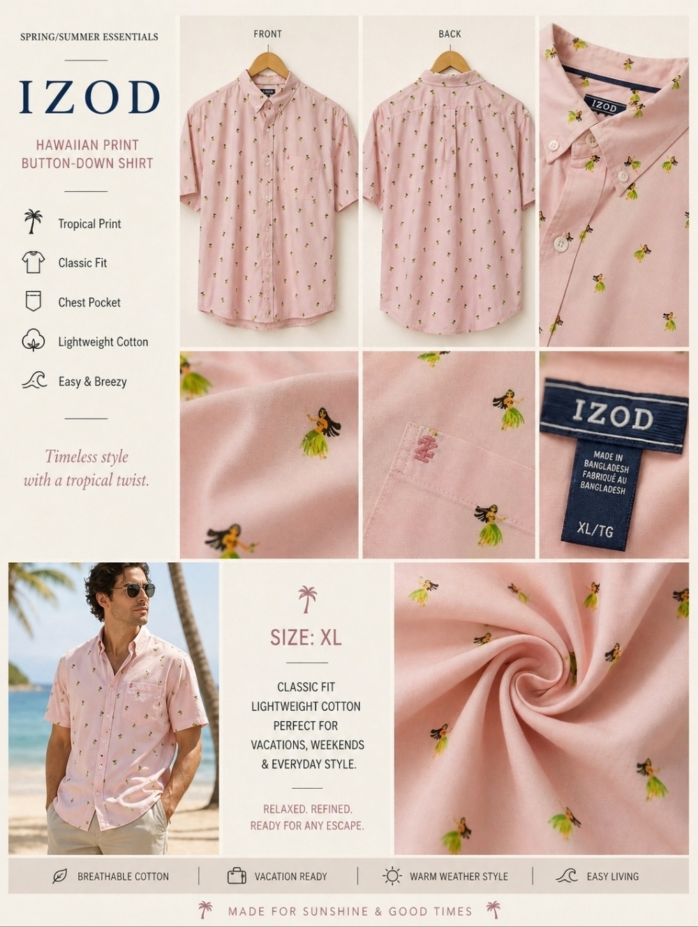 IZOD Pink Hawaiian Print Button-Down XL Tropical Hula Short Sleeve Cotton Aloha